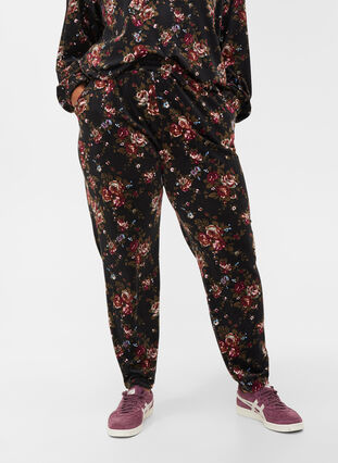 Velour bukser med lommer og blomsterprint, Flower AOP, Model image number 2