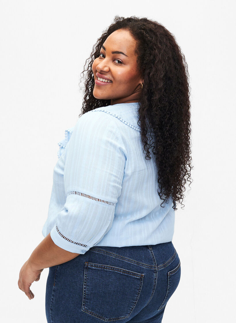 Bluse i bomulds-viskose mix med 3/4 ærmer, Chambray Blue, Model image number 1