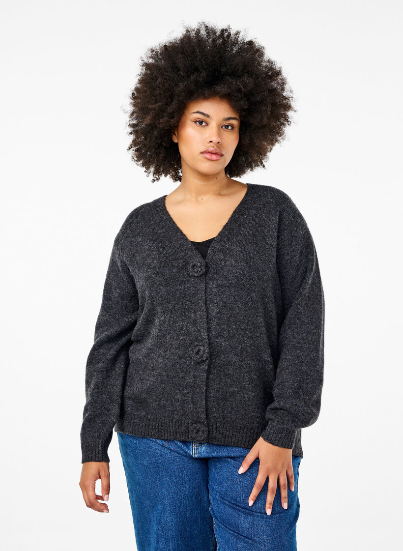 Kort strikcardigan med blomsterknapper, Dark Grey Melange, Model image number 0