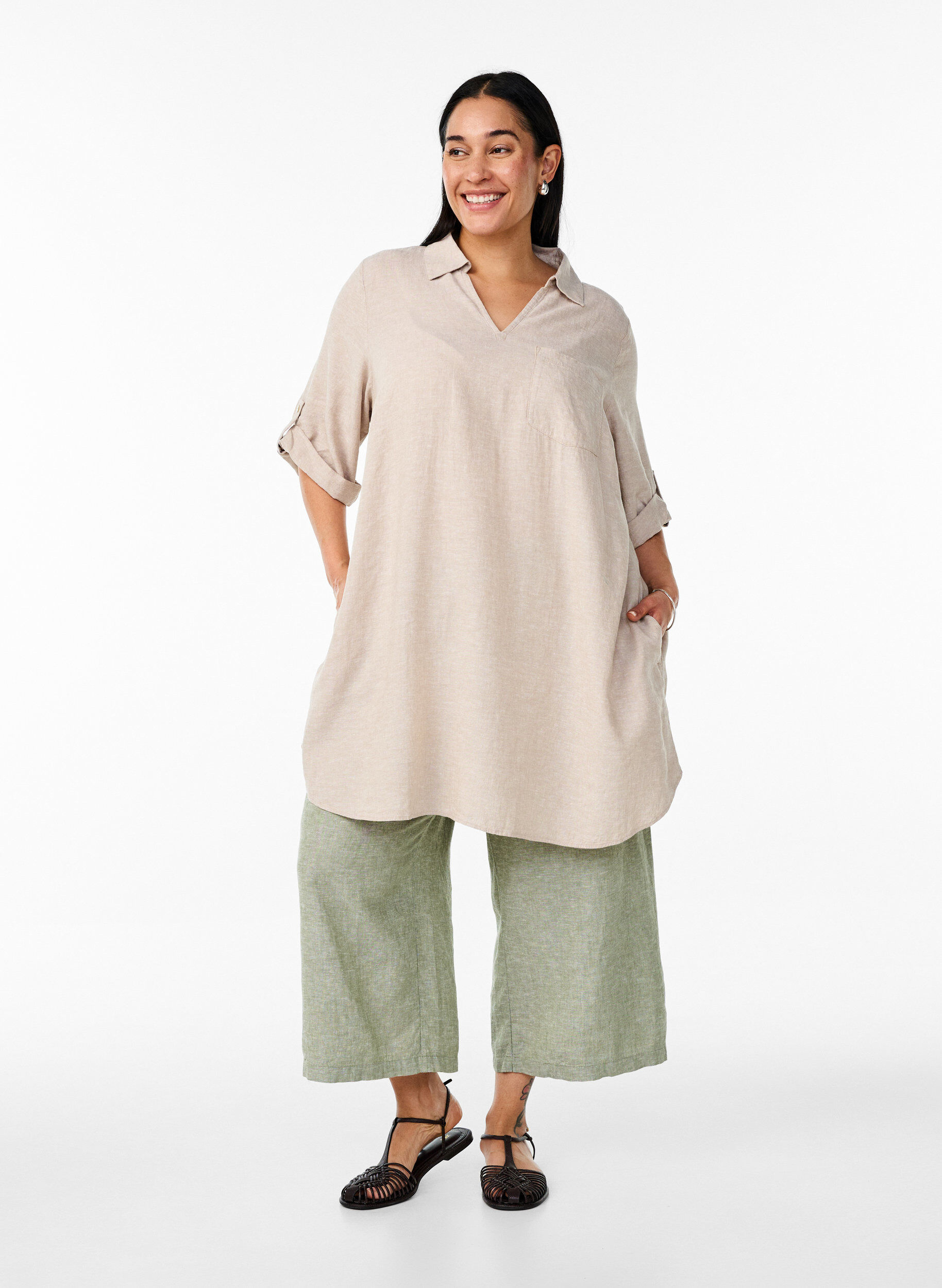 ZizziTunika i h&oslash;r og viskose med A-facon, Beige, Model image number 1
