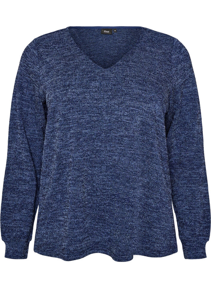 Jerseybluse med V-hals og lange &aelig;rmer, Bl&aring;, Packshot image number 0