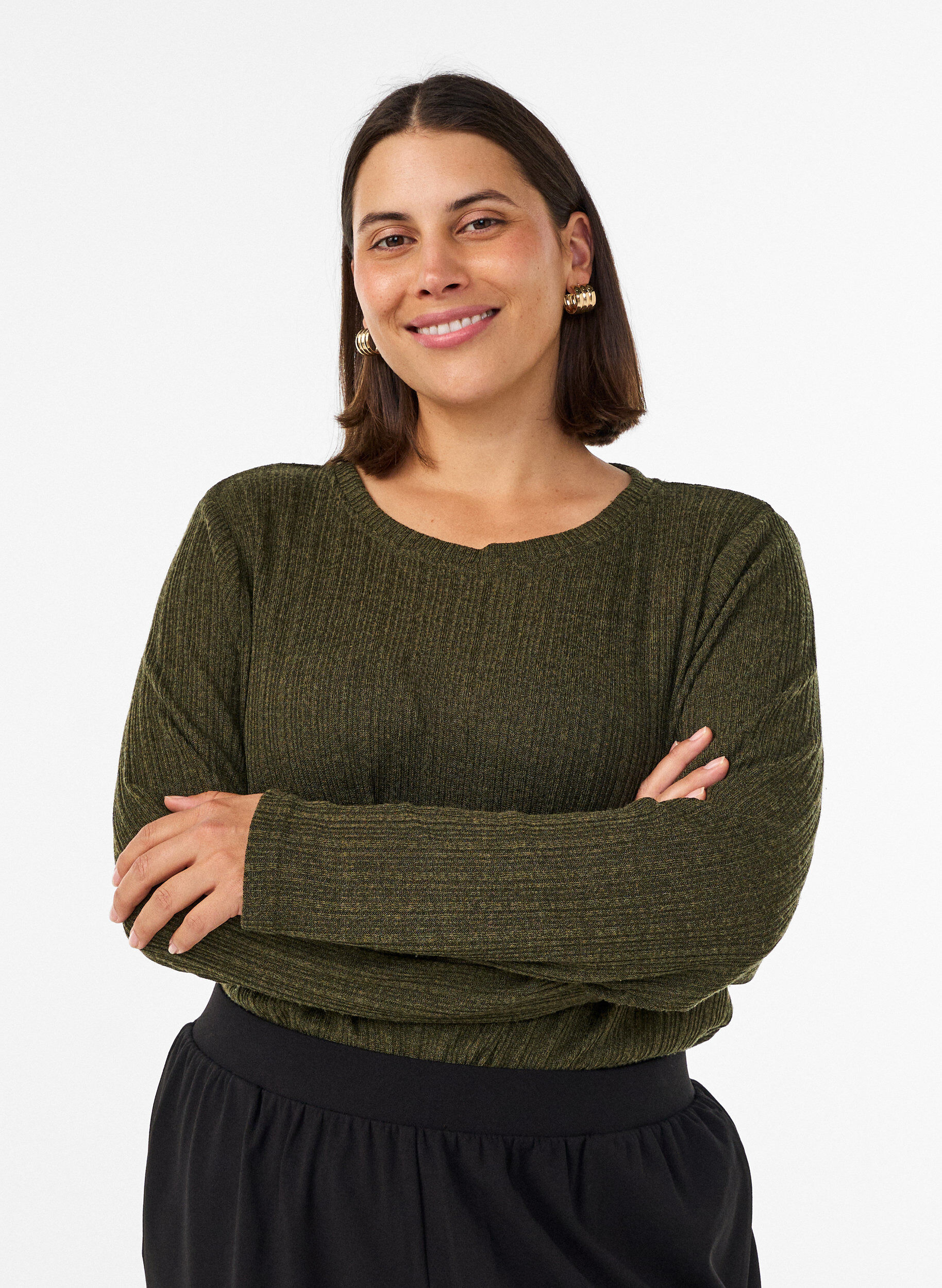 ZizziJerseybluse med ribstruktur og lange &aelig;rmer, Gr&oslash;n, Model image number 0