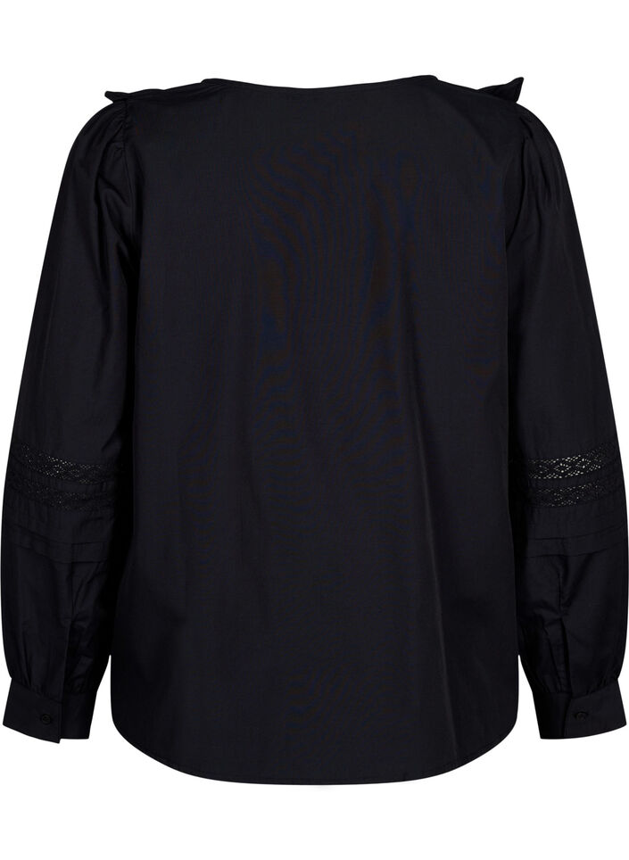 Bluse med flæser og blondebånd, Sort, Packshot image number 1