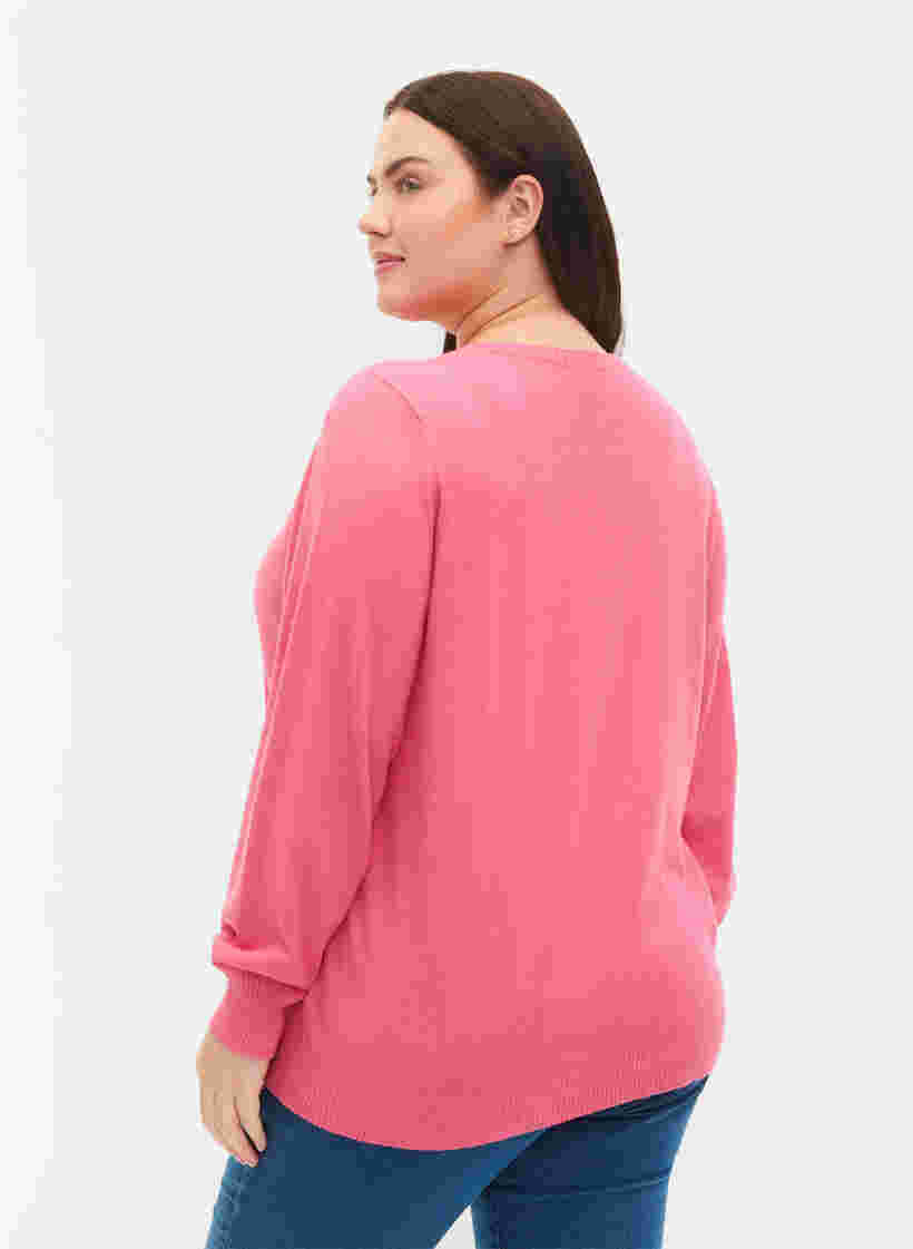 Ensfarvet strikbluse med ribdetaljer, Hot Pink Mel., Model