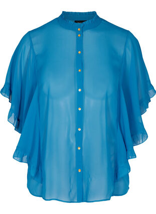 Kortærmet bluse med flæse detaljer, Blue ASS, Packshot image number 0