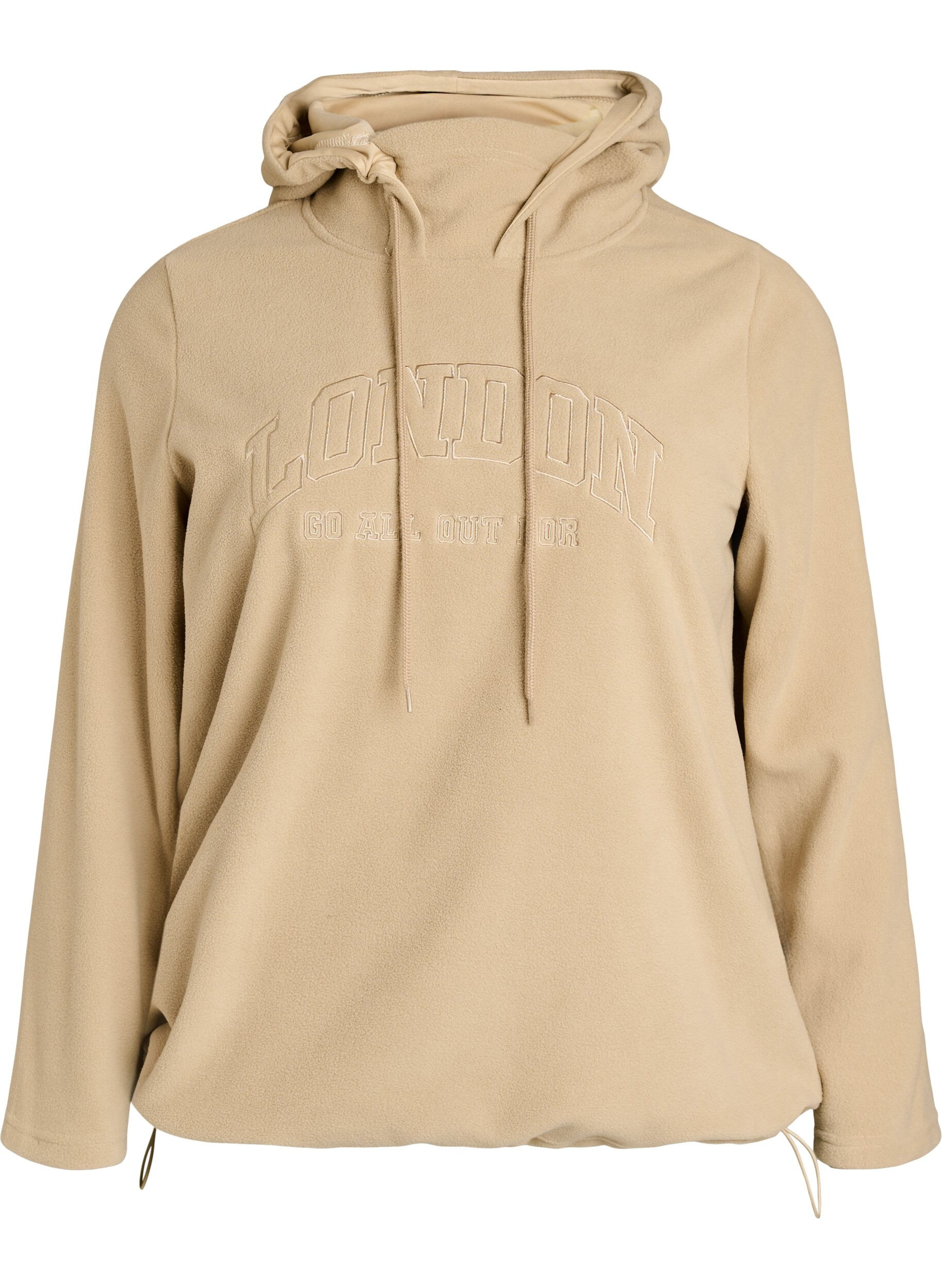 ZizziFleecehoodie med h&oslash;j hals og broderet tekst, Beige, Packshot image number 0
