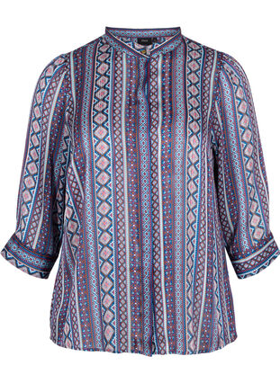 Printet skjortebluse med 3/4 ærmer, Blue Ethnic AOP, Packshot image number 0