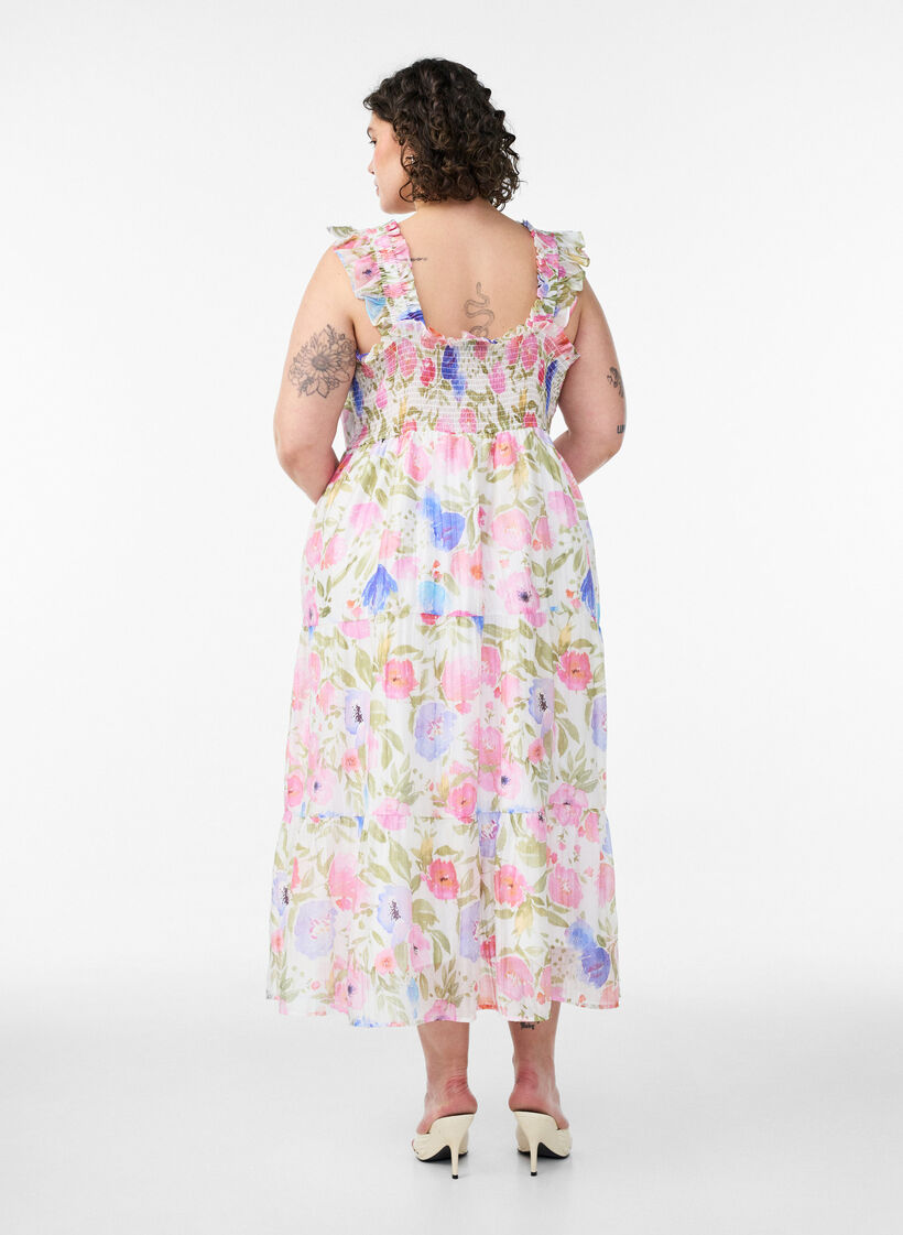Lang kjole i lyocell med blomsterm&oslash;nster og fl&aelig;ser, Hvid, Model image number 1