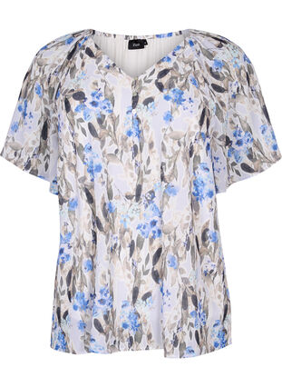 Printet bluse med korte ærmer, Blue Flower AOP, Packshot image number 0