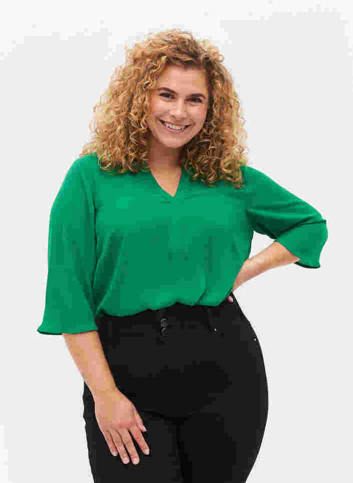 Bluse med 3/4 ærmer og v-hals, Jolly Green, Model image number 0