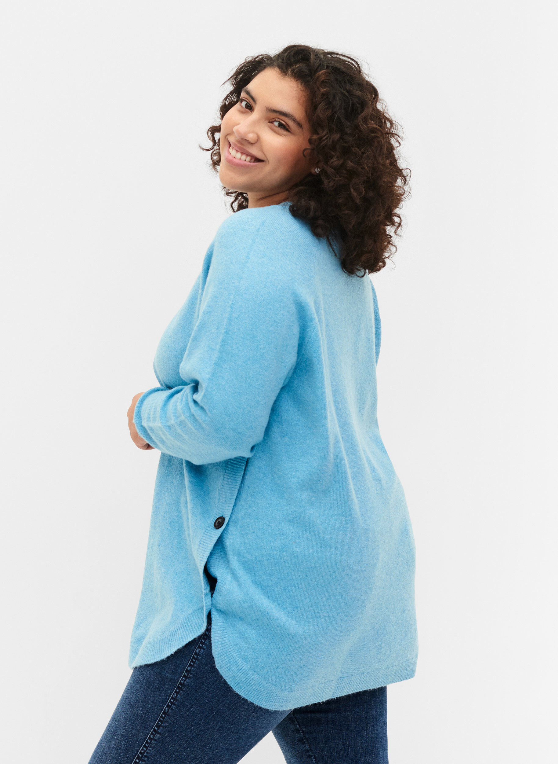 Zizzi Meleret strikbluse med knappedetaljer, River Blue WhiteMel., Model image number 1