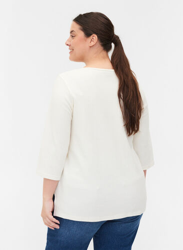 Bomulds bluse med v-hals og 3/4 ærmer, Marshmallow, Model image number 1