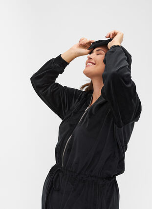 Velour jumpsuit med hætte og bindesnøre, Black, Model image number 2