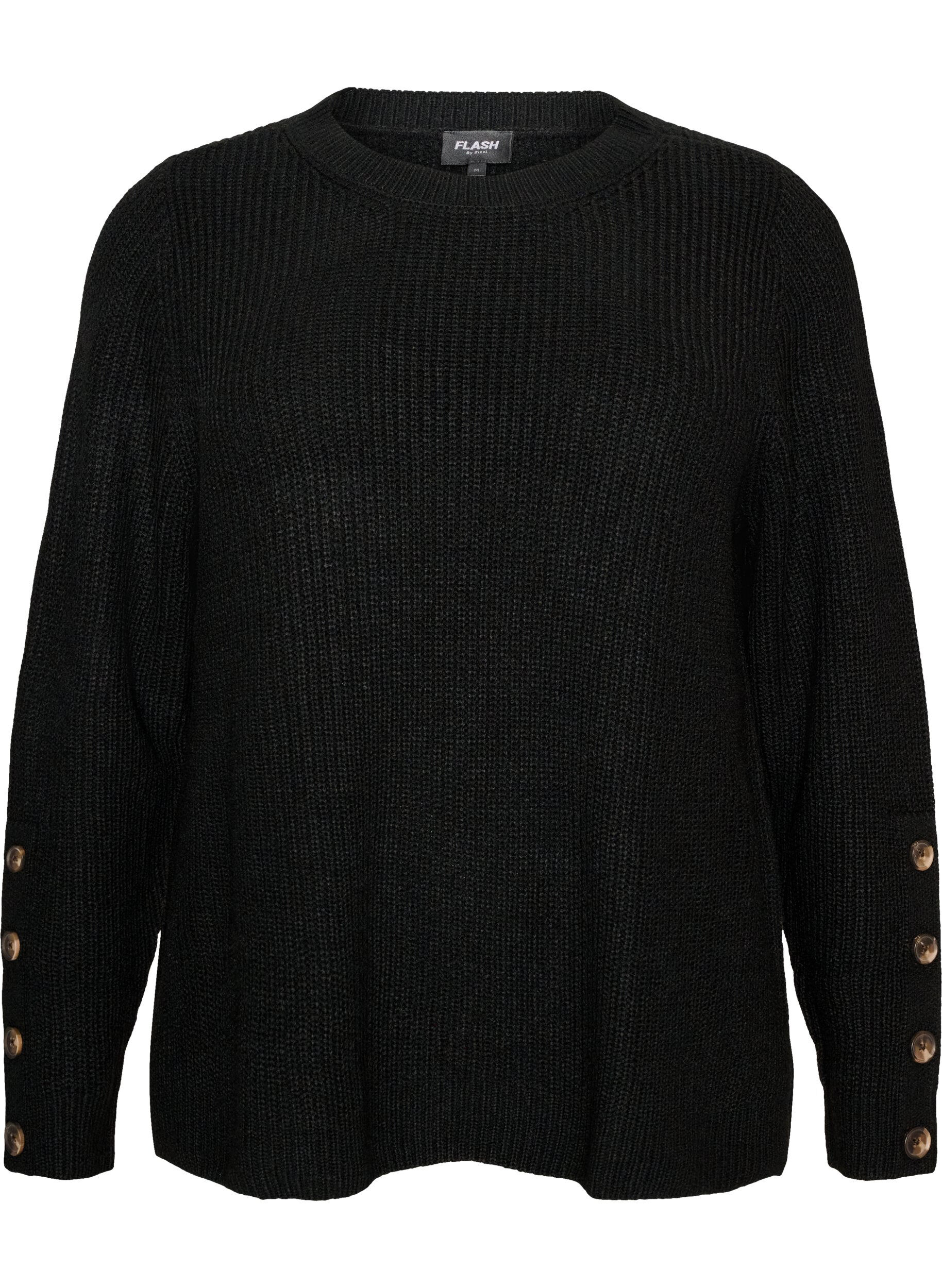 ZizziStrikbluse med ribstruktur og knapdetaljer, Sort, Packshot image number 0