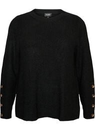Strikbluse med ribstruktur og knapdetaljer, Sort