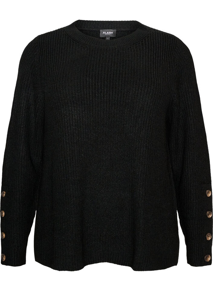Strikbluse med ribstruktur og knapdetaljer, Sort, Packshot image number 0