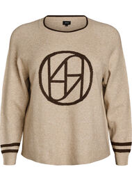 Strikbluse med logo og kontraststriber, Beige