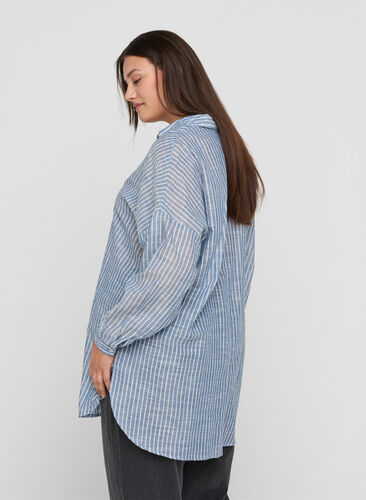 Lang stribet skjorte i bomuld, Country Blue Stripe, Model image number 1