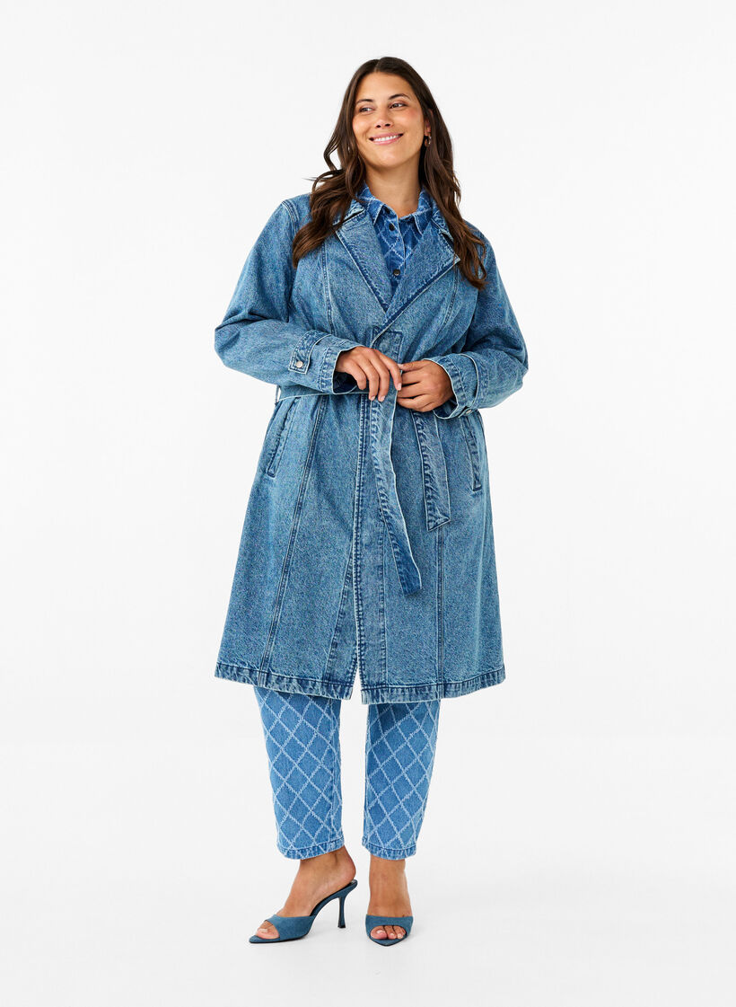 Denim trenchcoat med bælte, Blue Denim, Model image number 0