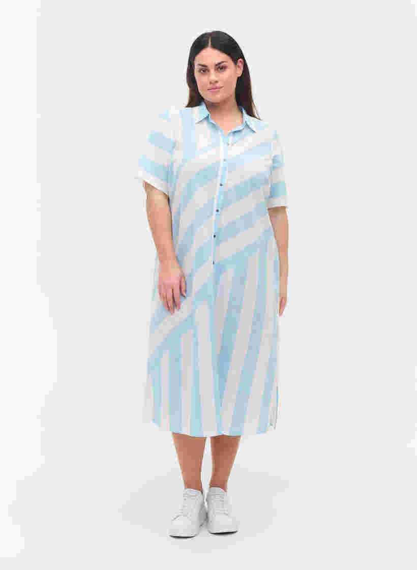 Kortærmet bomulds skjortekjole med striber, Blue Bell Stripe, Model image number 2