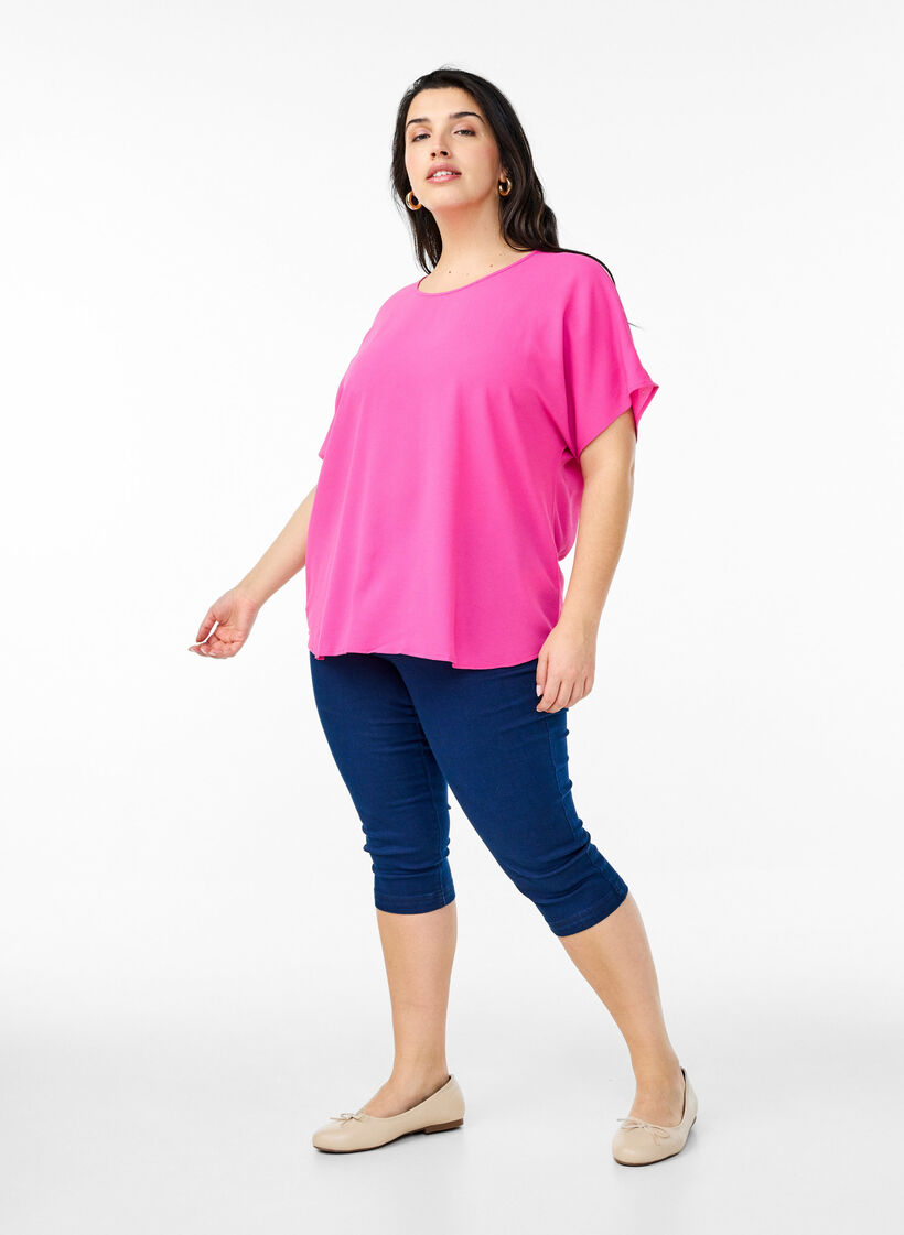 Bluse med korte &aelig;rmer og rund halsudsk&aelig;ring, Lyser&oslash;d, Model image number 1