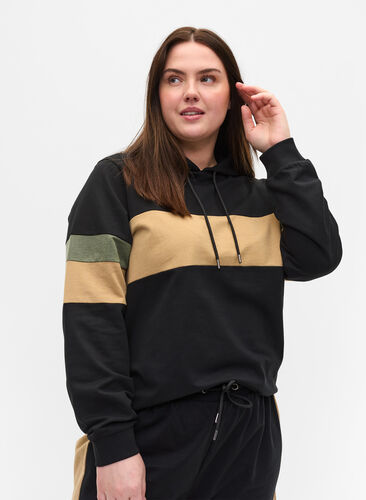 Sweatshirt med hætte og trackdetaljer, Black/Camel, Model image number 0
