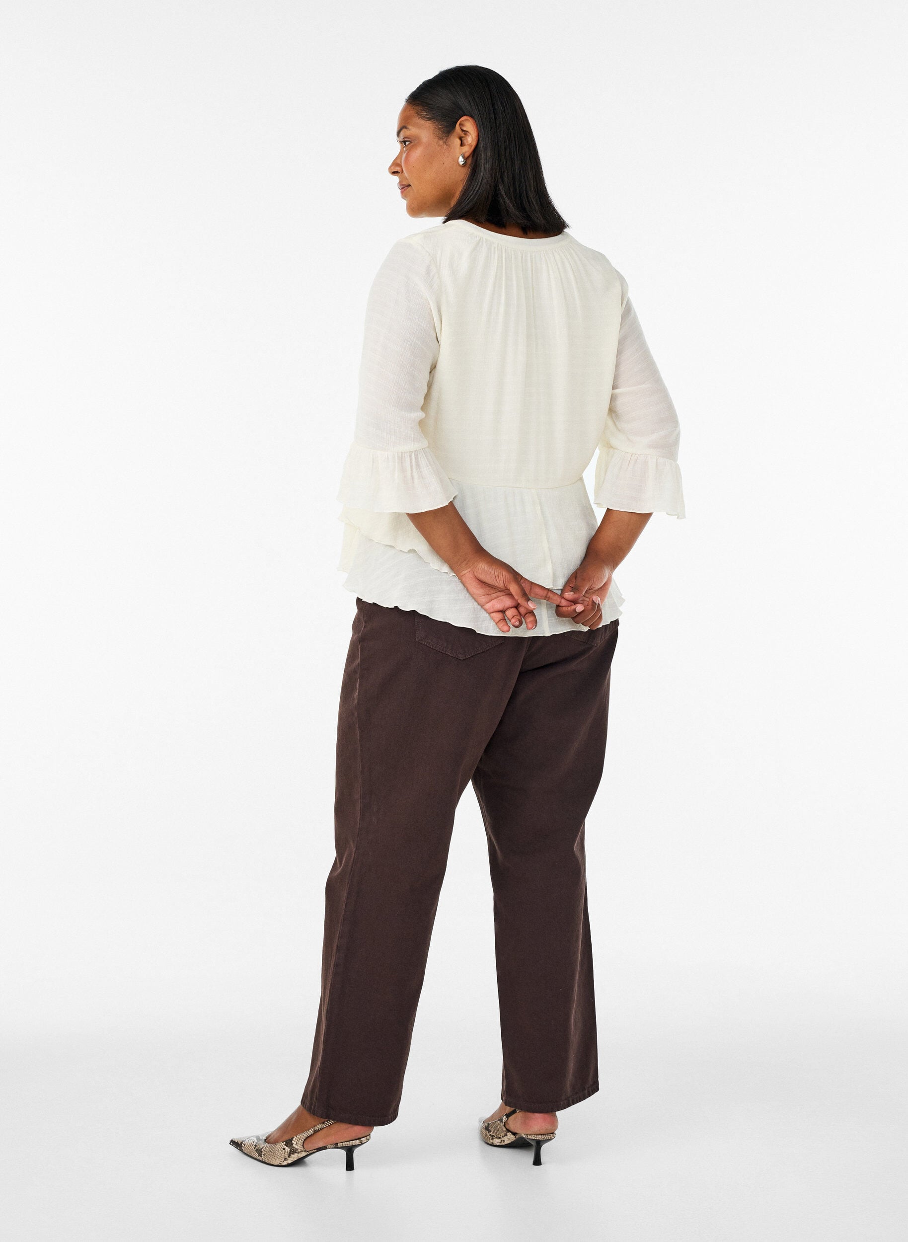 ZizziBluse med 3/4-&aelig;rmer og fl&aelig;sedetaljer, Vanilla, Model image number 2