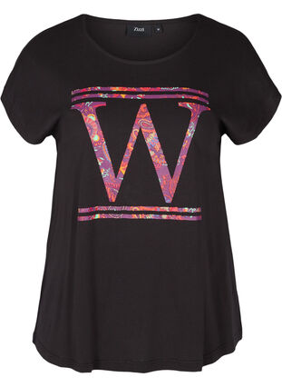 Økologisk bomulds t-shirt med farverigt tryk, Black W, Packshot image number 0