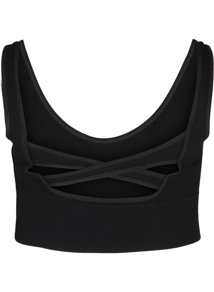 Ensfarvet sports bh med krydset ryg, Black, Packshot image number 1