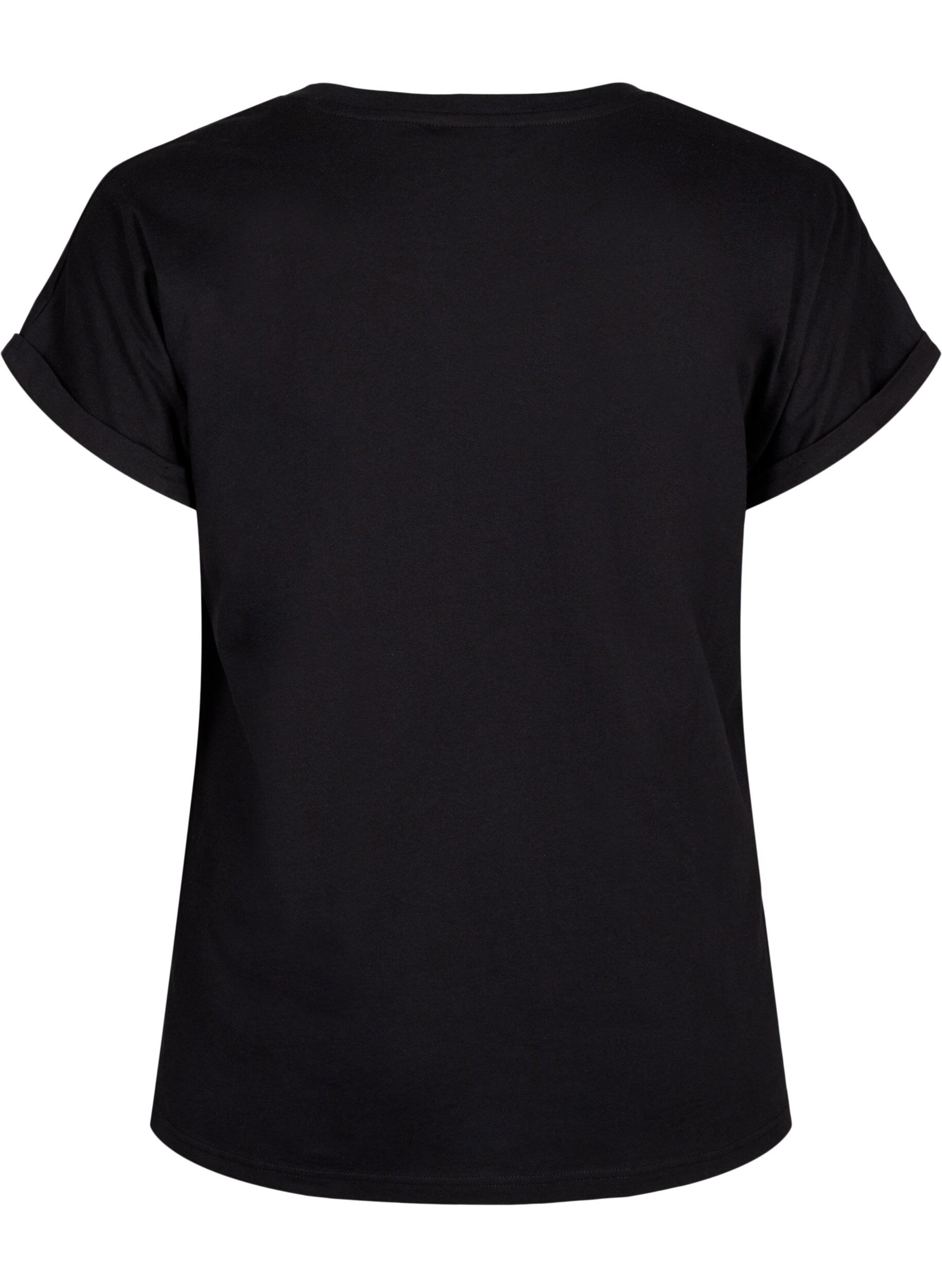 Zizzi T-shirt i &oslash;kologisk bomuld med guldtryk, Black W. Free, Packshot image number 1