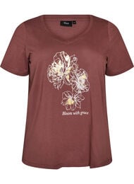 T-shirt i bomuld med frontprint og V-hals, Lyser&oslash;d