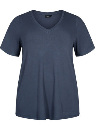 Viskose t-shirt med rib og v-hals, Umbre Blue , Packshot image number 0
