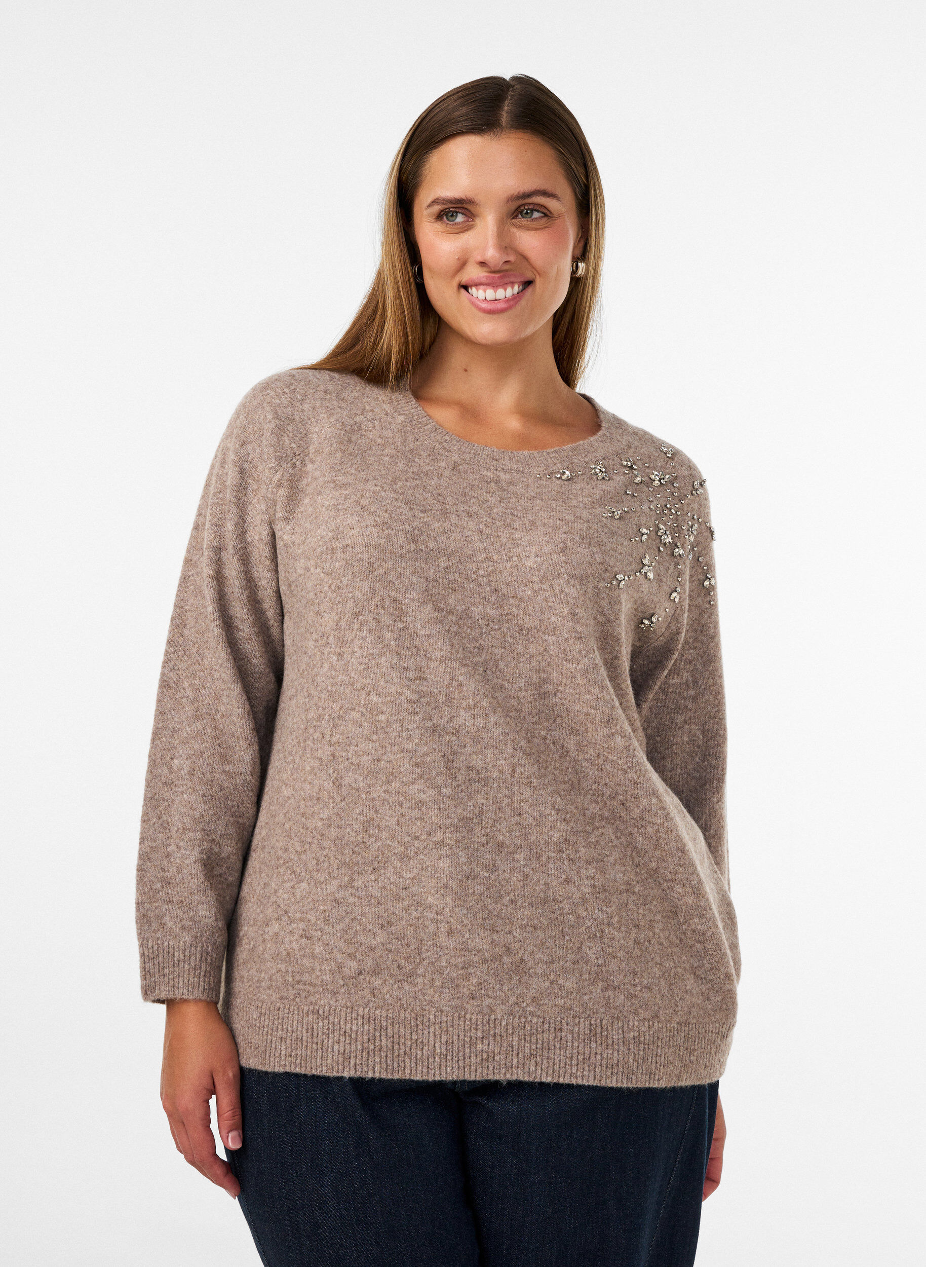 ZizziStrikbluse med rhinsten og nitter, Beige, Model image number 0
