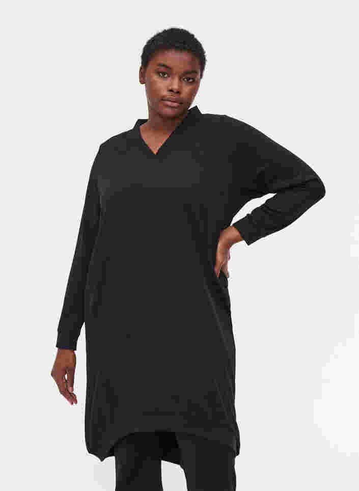 Ensfarvet kjole i sweatkvalitet, Black, Model image number 0