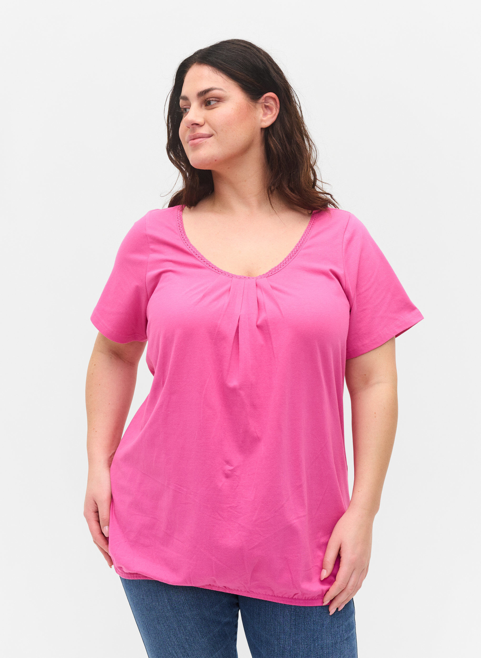 Zizzi Bomulds t-shirt med korte &aelig;rmer, Raspberry Rose, Model image number 0