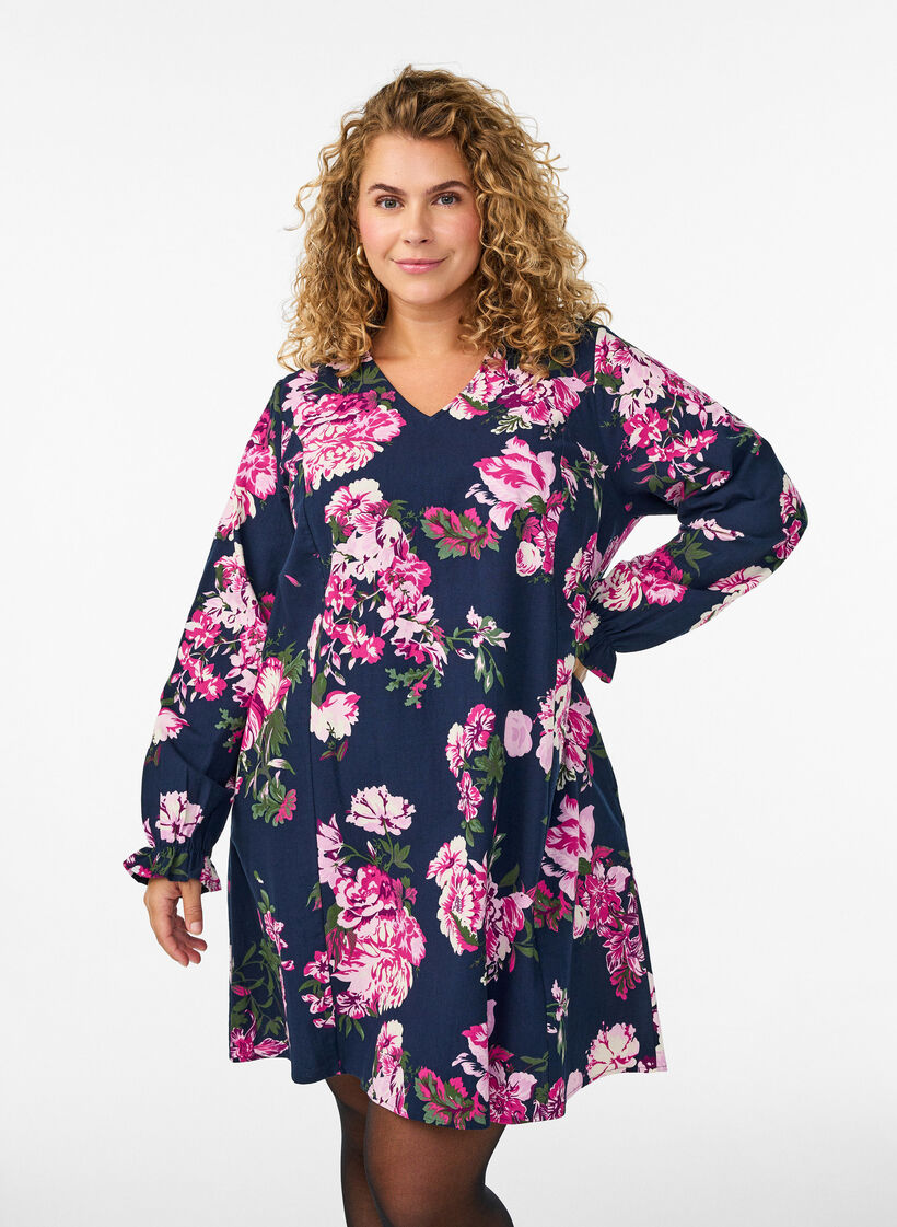 Kort bomuldskjole med V-hals og lange ærmer, Blå, Model image number 0