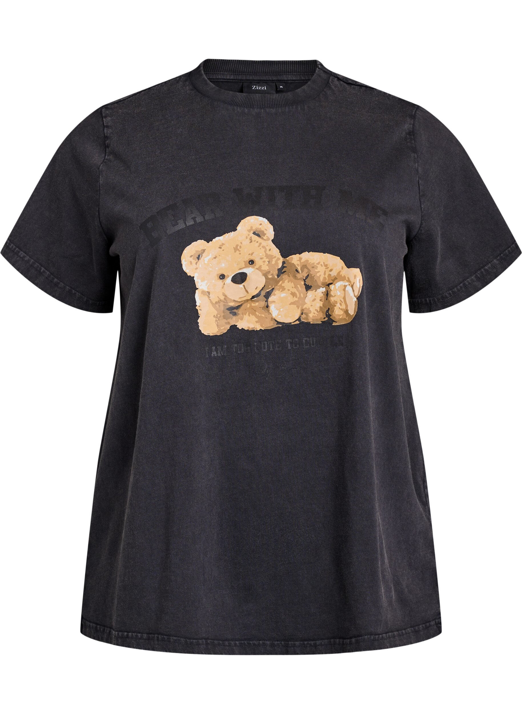 Zizzi T-shirt med bamsemotiv og vasket look, Gr&aring;, Packshot image number 0