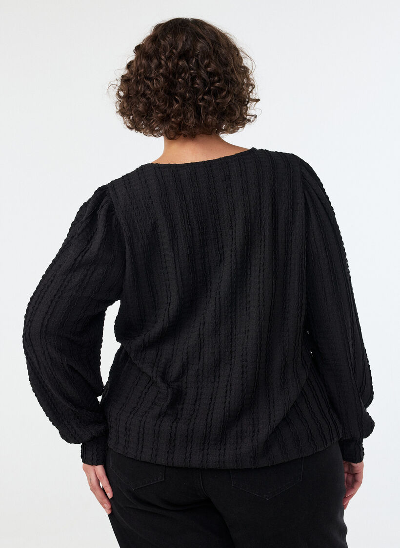 Jerseybluse med struktur og ballonform, Sort, Model image number 2