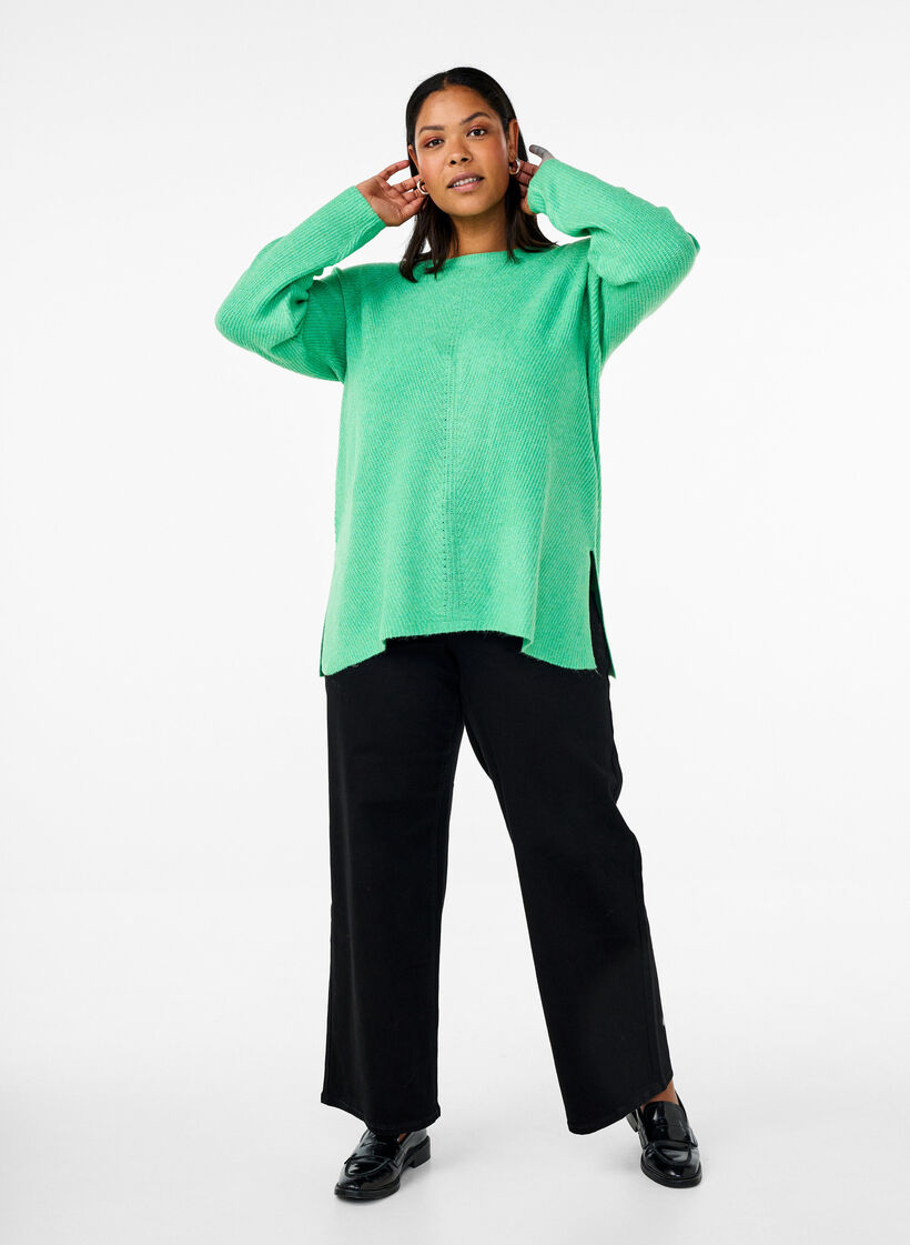 Strikbluse med rund hals, Light G. Green Mel., Model image number 2
