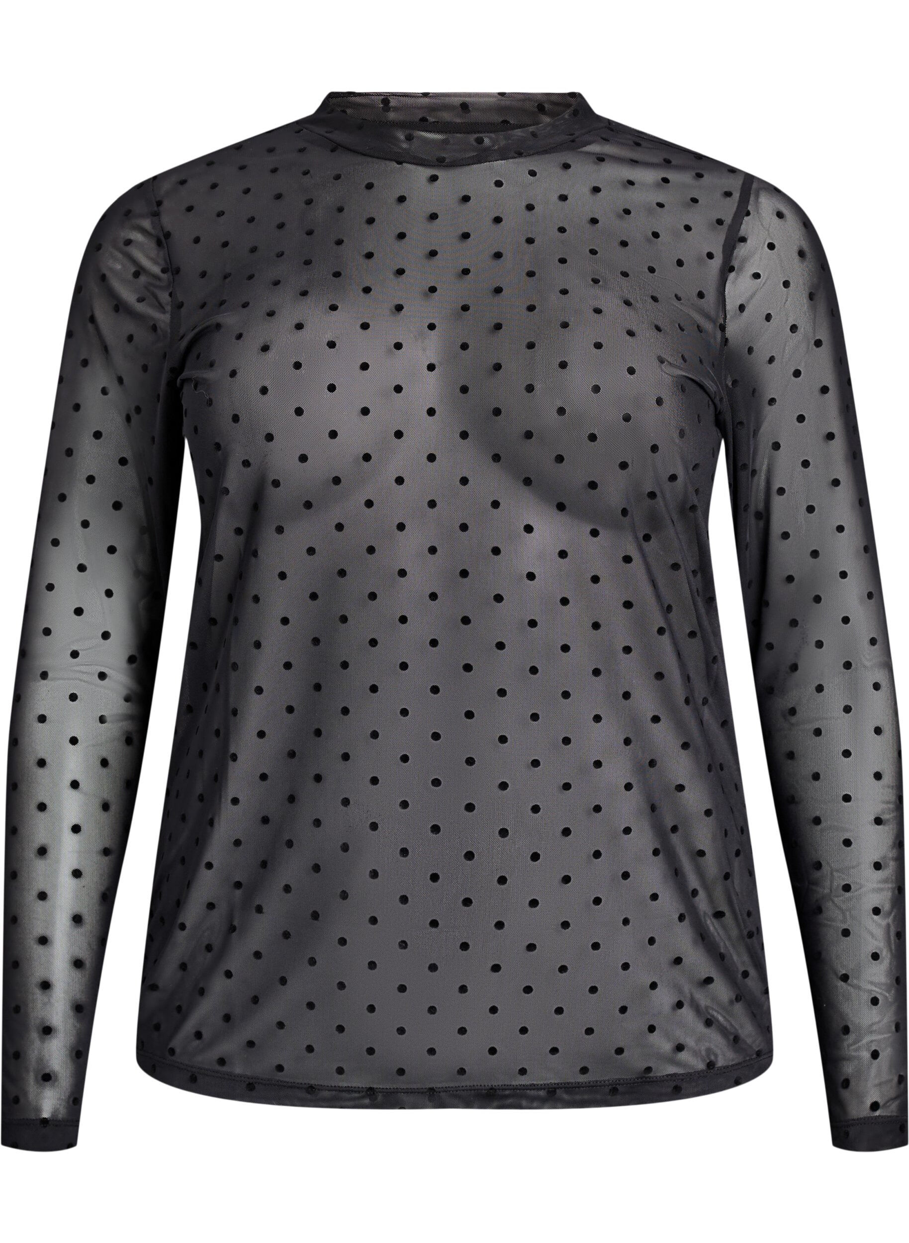 Zizzi Mesh bluse med prikker, Sort, Packshot image number 0