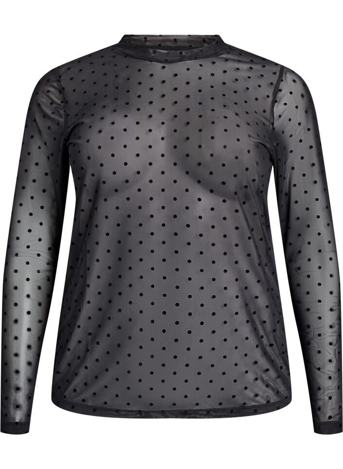 Mesh bluse med prikker, Sort, Packshot image number 0