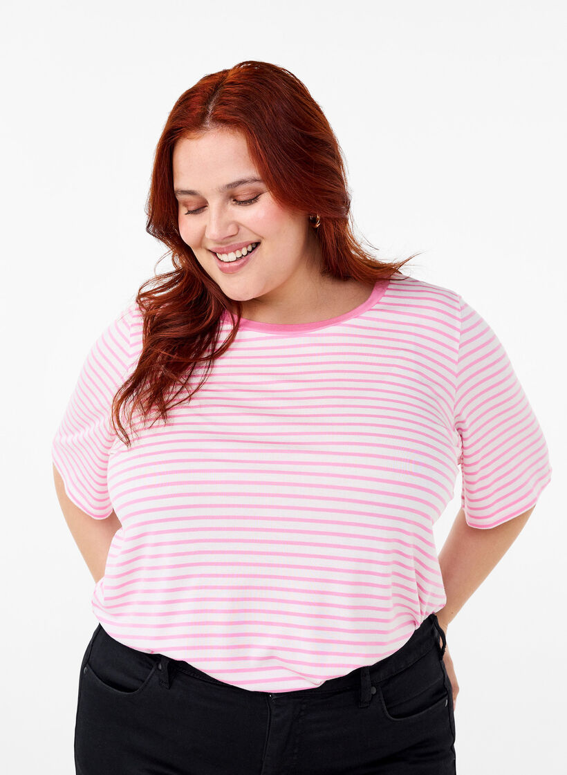 Stribet t-shirt i lyocell med rund hals, Rød, Model image number 0