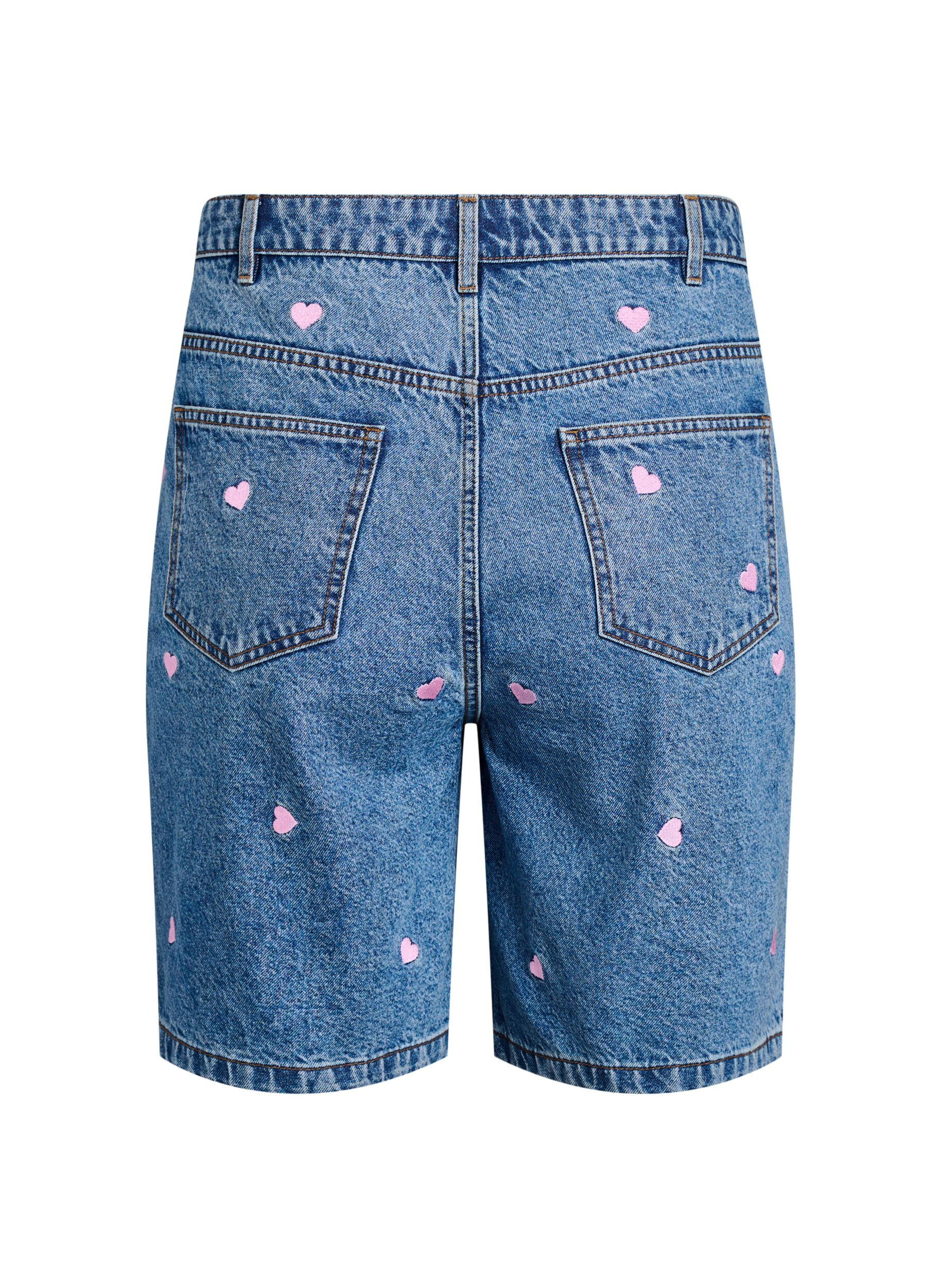 Zizzi Denimshorts med h&oslash;j talje og broderede hjerter, Bl&aring;, Packshot image number 1