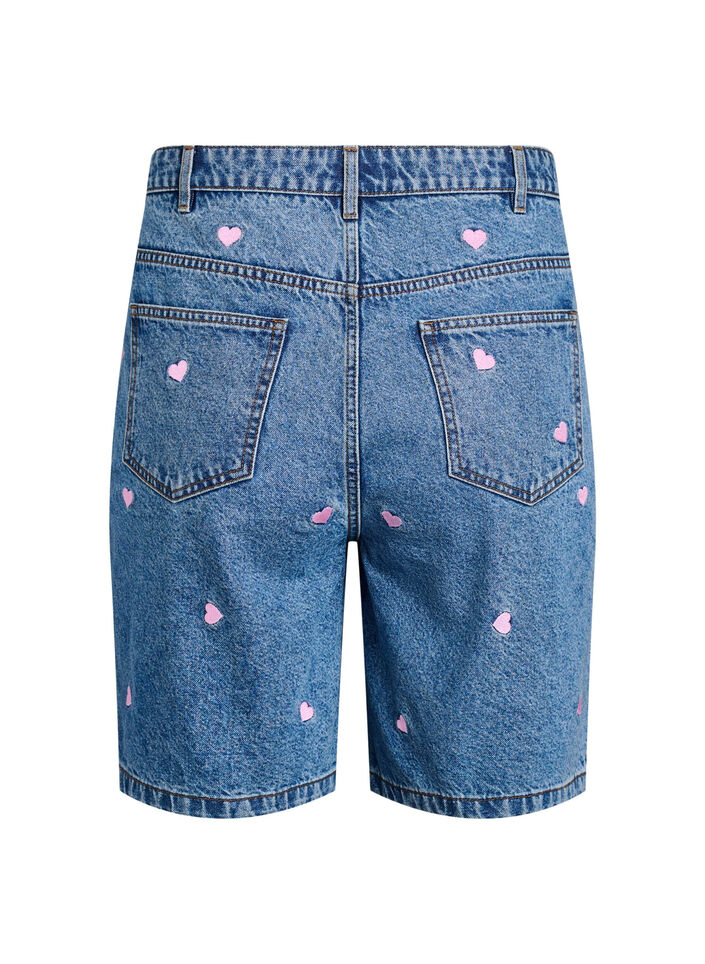 Denimshorts med h&oslash;j talje og broderede hjerter, Bl&aring;, Packshot image number 1
