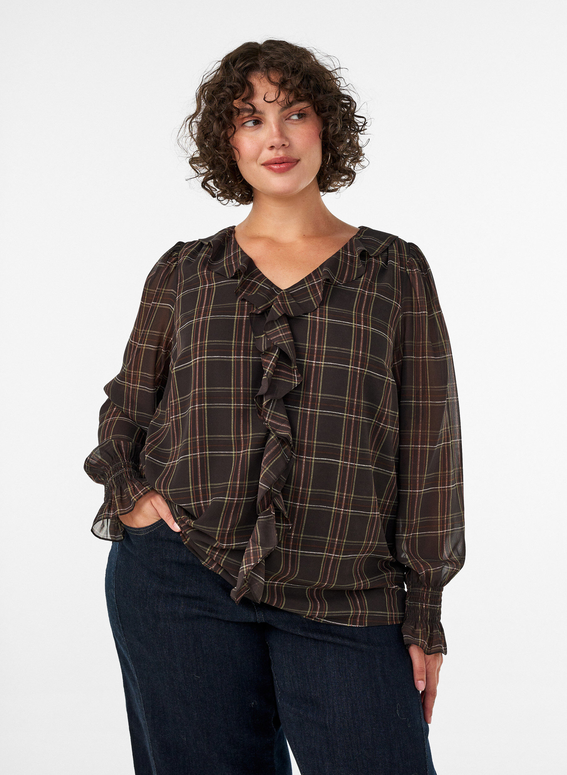 ZizziBluse med tern og fl&aelig;sedetaljer, Gr&oslash;n, Model image number 0