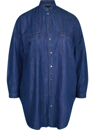 Oversize denimskjorte i bomuld, Dark blue denim, Packshot image number 0