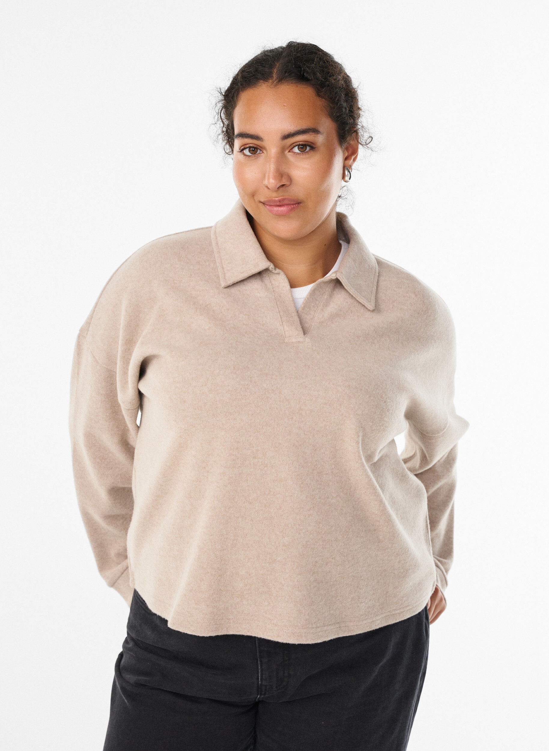 Jerseybluse med krave og V-udsk&aelig;ring, Beige, Model