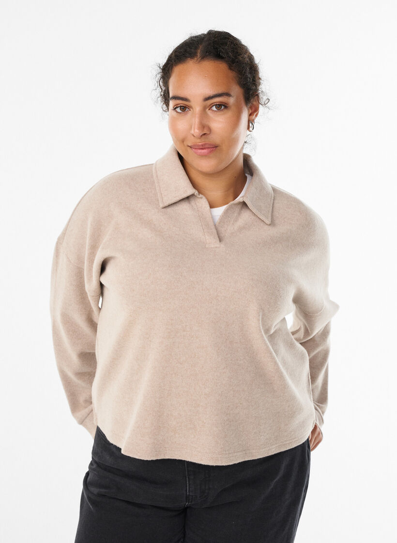 Jerseybluse med krave og V-udskæring, Beige, Model image number 0