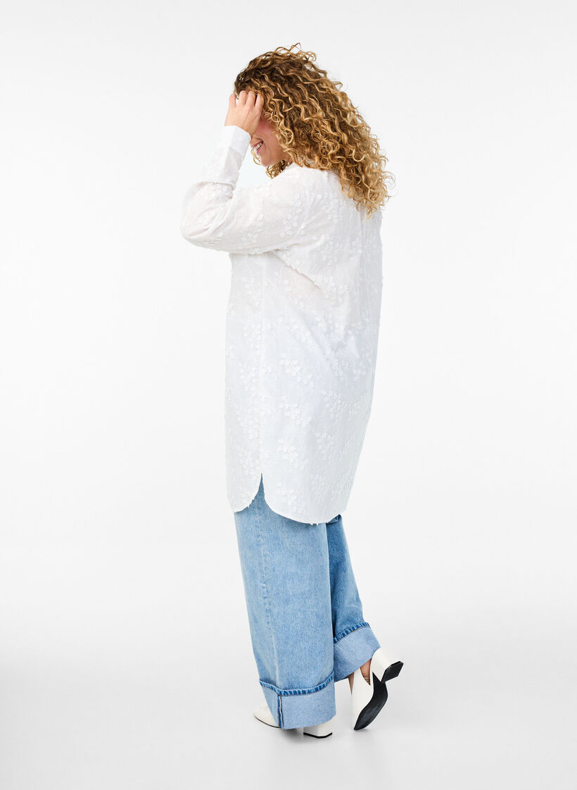 Skjortekjole med broderede blomster, Hvid, Model image number 2