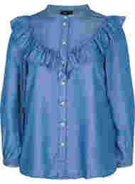 Langærmet skjorte med flæser i lyocell (TENCEL™), Blue denim
